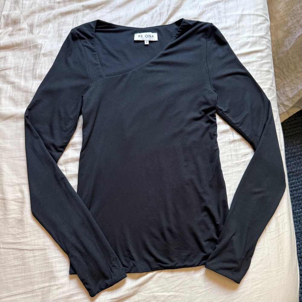 RE ONA black asymmetrical neck long sleeve modal knit cropped tee top